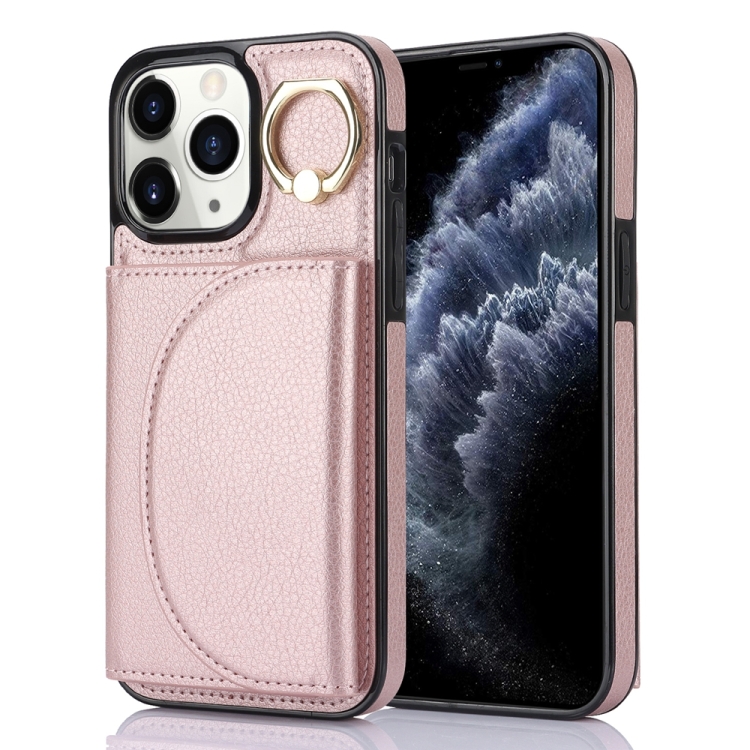 

For iPhone 11 Pro Max Ring Holder Card Bag Skin Feel Phone Case(Rose Gold)