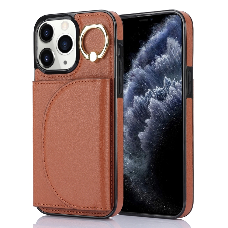 

For iPhone 11 Pro Ring Holder Card Bag Skin Feel Phone Case(Brown)