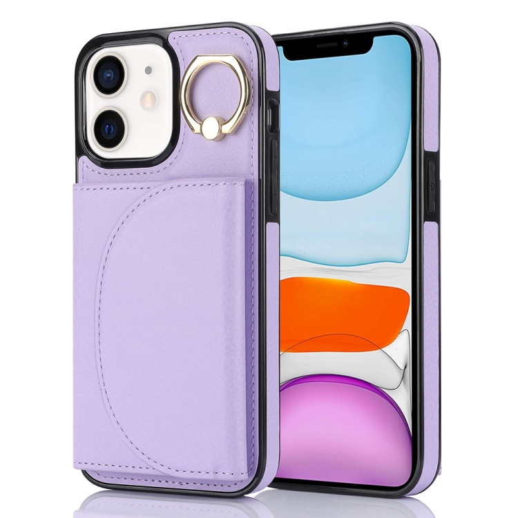 

For iPhone 11 Ring Holder Card Bag Skin Feel Phone Case(Purple)