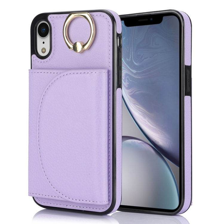 

For iPhone XR Ring Holder Card Bag Skin Feel Phone Case(Purple)
