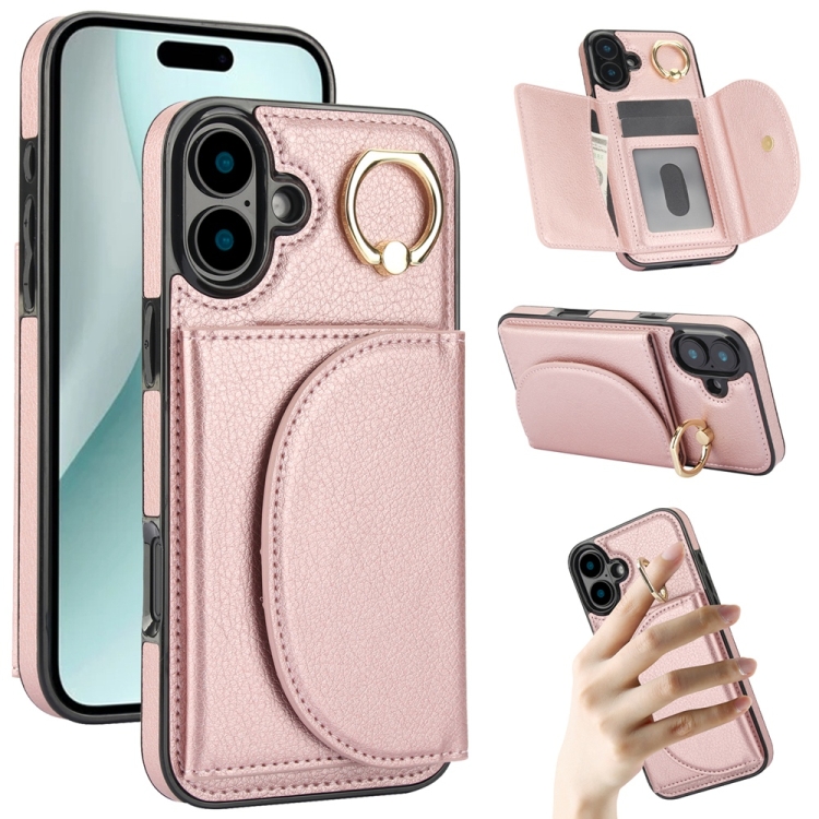 

For iPhone 16 Plus Ring Holder Card Bag Skin Feel Phone Case(Rose Gold)