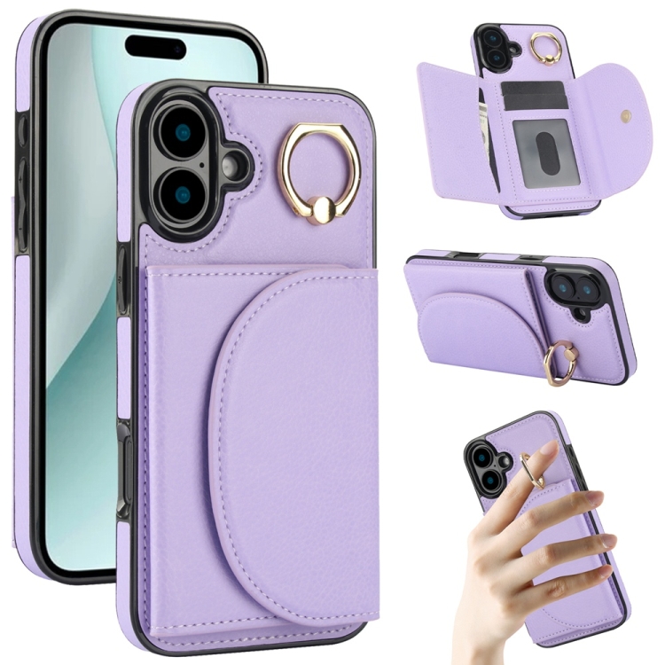 

For iPhone 16 Ring Holder Card Bag Skin Feel Phone Case(Purple)