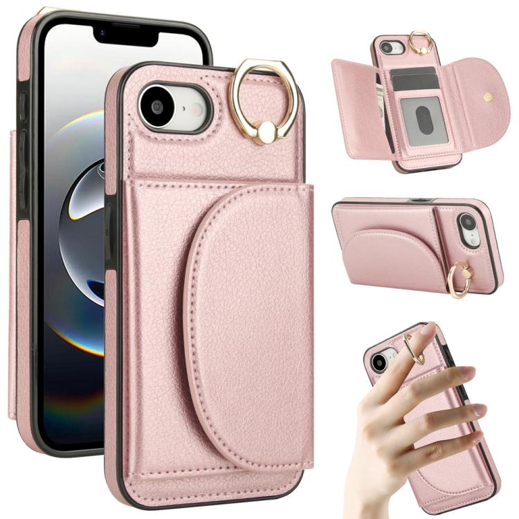 

For iPhone 16e Ring Holder Card Bag Skin Feel Phone Case(Rose Gold)