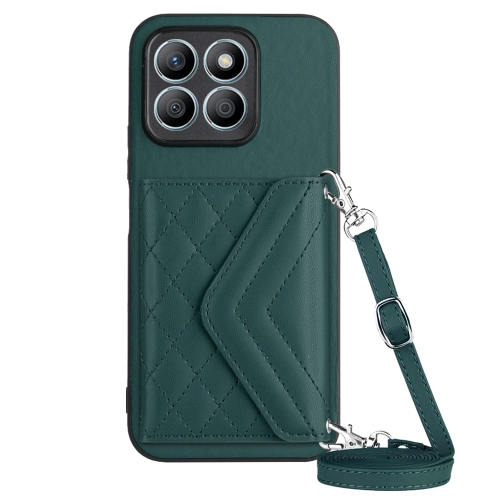 For Honor X8b 4G Global Rhombic Texture Card Bag RFID Phone Case with Long Lanyard(Green) 10 times magnification makeup mirror with led light perforated suction cup type 360 degree hose bending bathroom wall mirror