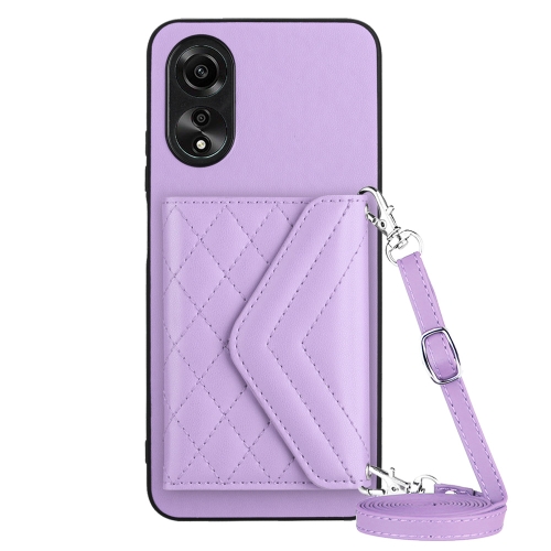 

For OPPO A38 4G / A18 4G Rhombic Texture Card Bag RFID Phone Case with Long Lanyard(Light Purple)