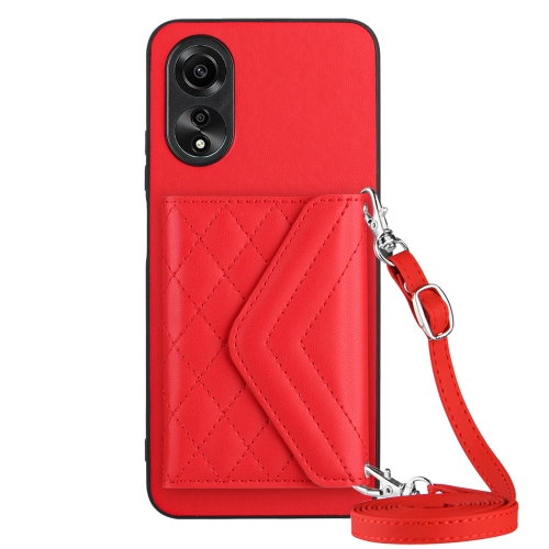 

For OPPO A38 4G / A18 4G Rhombic Texture Card Bag RFID Phone Case with Long Lanyard(Red)