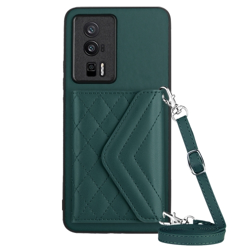 

For Xiaomi Redmi K60 / K60 Pro Rhombic Texture Card Bag RFID Phone Case with Long Lanyard(Green)