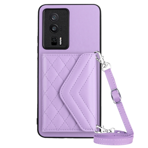 

For Xiaomi Redmi K60 / K60 Pro Rhombic Texture Card Bag RFID Phone Case with Long Lanyard(Light Purple)