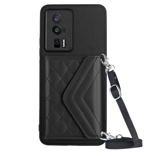 

For Xiaomi Redmi K60 / K60 Pro Rhombic Texture Card Bag RFID Phone Case with Long Lanyard(Black)