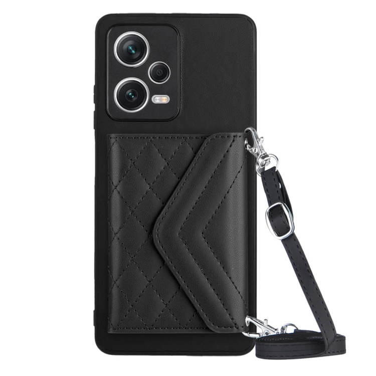 

For Xiaomi Redmi Note 12 5G Rhombic Texture Card Bag RFID Phone Case with Long Lanyard(Black)
