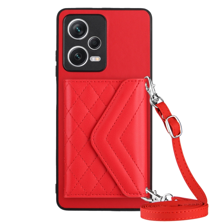 

For Xiaomi Redmi Note 12 5G Rhombic Texture Card Bag RFID Phone Case with Long Lanyard(Red)