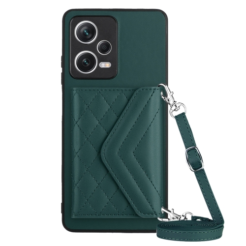 

For Xiaomi Redmi Note 12 Pro 5G Rhombic Texture Card Bag RFID Phone Case with Long Lanyard(Green)