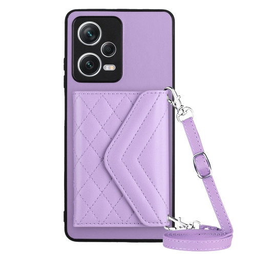 

For Xiaomi Redmi Note 12 Pro+ 5G Rhombic Texture Card Bag RFID Phone Case with Long Lanyard(Light Purple)