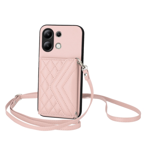 

For Redmi Note 13 4G Global Rhombic Texture Card Bag RFID Phone Case with Long Lanyard(Rose Gold)