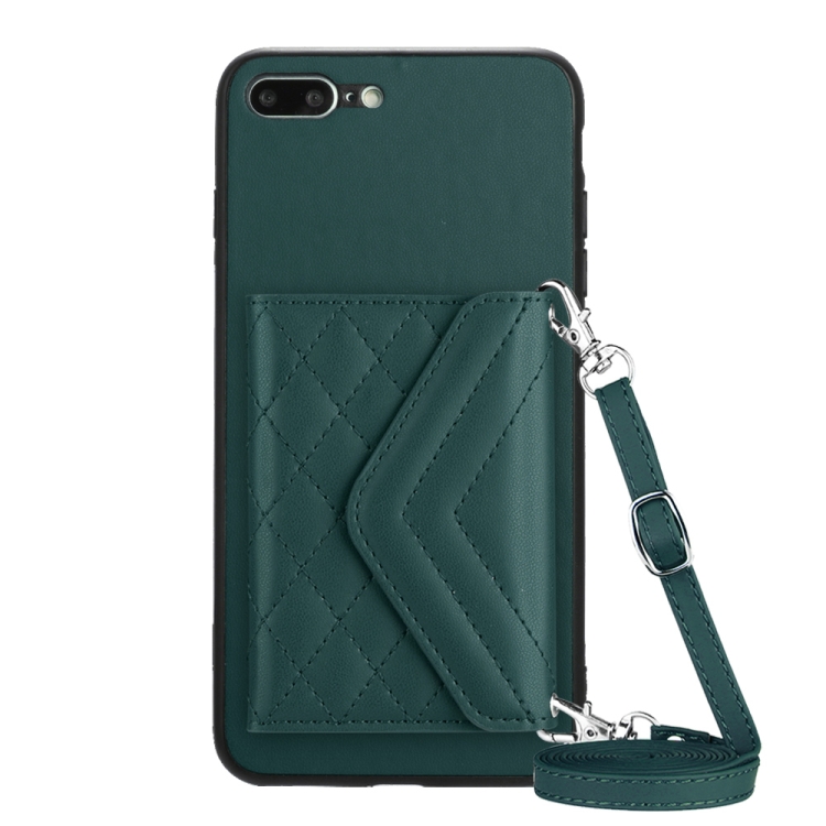 

For iPhone 8 Plus / 7 Plus Rhombic Texture Card Bag RFID Phone Case with Long Lanyard(Green)