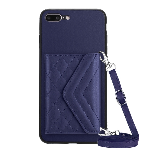 

For iPhone 8 Plus / 7 Plus Rhombic Texture Card Bag RFID Phone Case with Long Lanyard(Dark Purple)