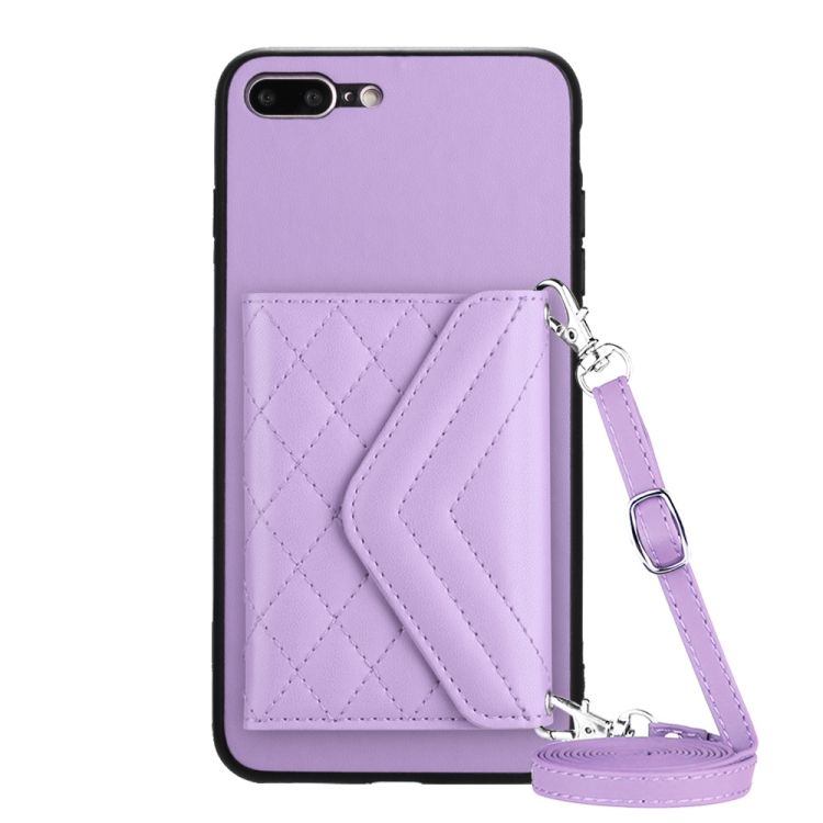 

For iPhone 8 Plus / 7 Plus Rhombic Texture Card Bag RFID Phone Case with Long Lanyard(Light Purple)