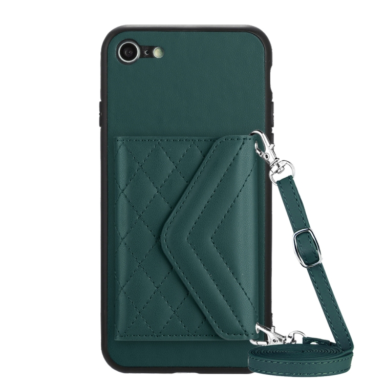 

For iPhone SE 2022 / SE 2020 Rhombic Texture Card Bag RFID Phone Case with Long Lanyard(Green)
