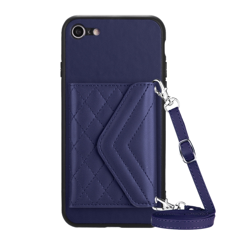 

For iPhone SE 2022 / SE 2020 Rhombic Texture Card Bag RFID Phone Case with Long Lanyard(Dark Purple)