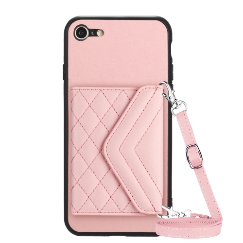 

For iPhone SE 2022 / SE 2020 Rhombic Texture Card Bag RFID Phone Case with Long Lanyard(Rose Gold)