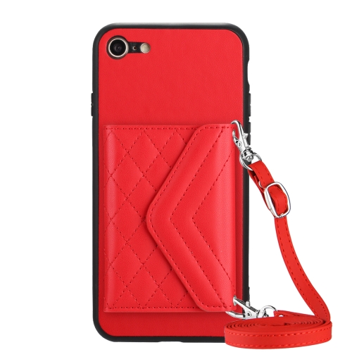 

For iPhone SE 2022 / SE 2020 Rhombic Texture Card Bag RFID Phone Case with Long Lanyard(Red)