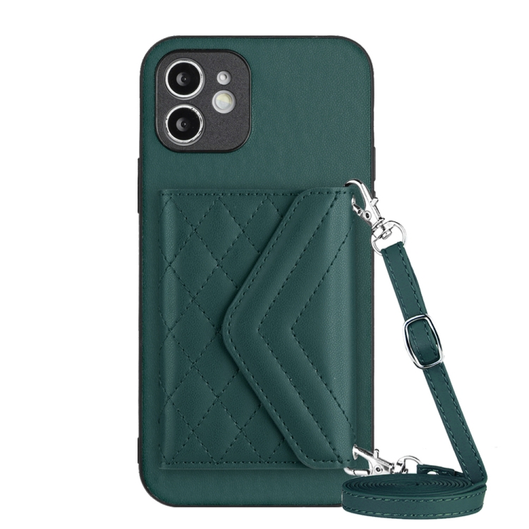 

For iPhone 11 Rhombic Texture Card Bag RFID Phone Case with Long Lanyard(Green)