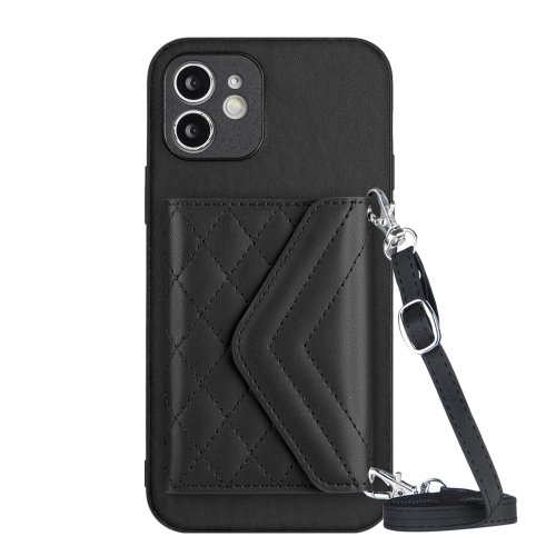 

For iPhone 11 Rhombic Texture Card Bag RFID Phone Case with Long Lanyard(Black)