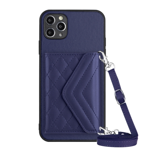 

For iPhone 11 Pro Rhombic Texture Card Bag RFID Phone Case with Long Lanyard(Dark Purple)