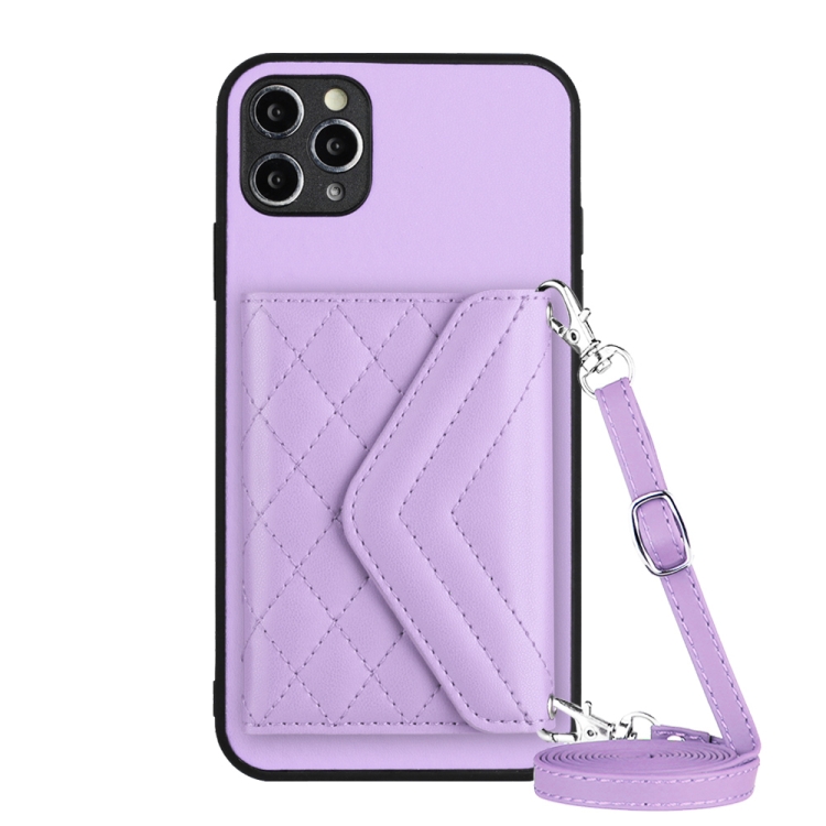 

For iPhone 11 Pro Rhombic Texture Card Bag RFID Phone Case with Long Lanyard(Light Purple)