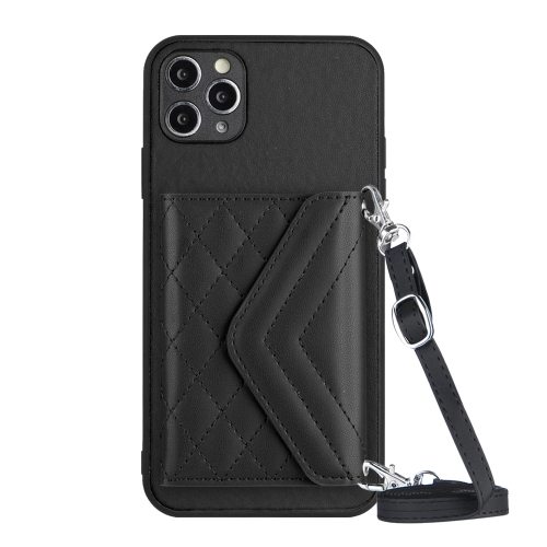 

For iPhone 11 Pro Rhombic Texture Card Bag RFID Phone Case with Long Lanyard(Black)