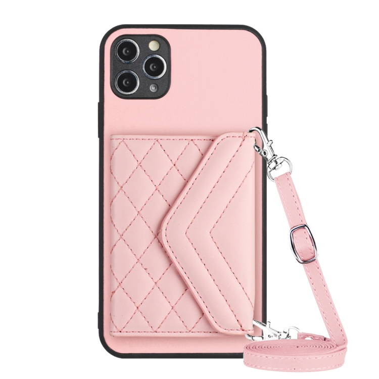 

For iPhone 11 Pro Max Rhombic Texture Card Bag RFID Phone Case with Long Lanyard(Rose Gold)