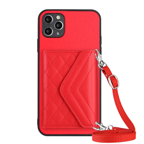

For iPhone 11 Pro Max Rhombic Texture Card Bag RFID Phone Case with Long Lanyard(Red)