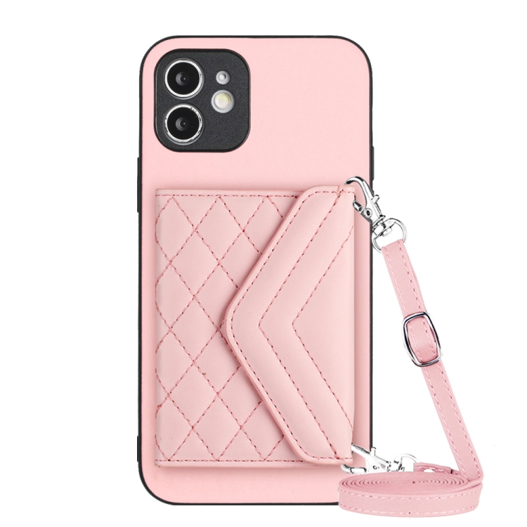 

For iPhone 12 Rhombic Texture Card Bag RFID Phone Case with Long Lanyard(Rose Gold)