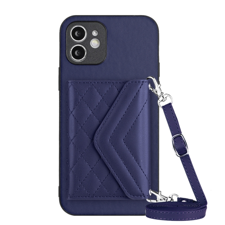 

For iPhone 12 mini Rhombic Texture Card Bag RFID Phone Case with Long Lanyard(Blue)