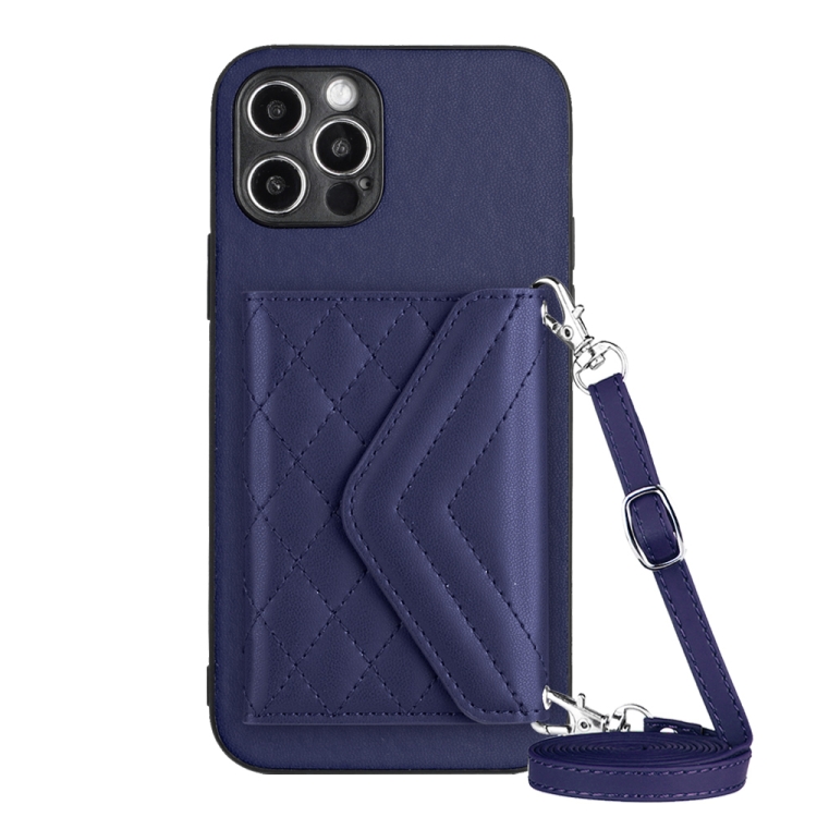 

For iPhone 12 Pro Max Rhombic Texture Card Bag RFID Phone Case with Long Lanyard(Dark Purple)