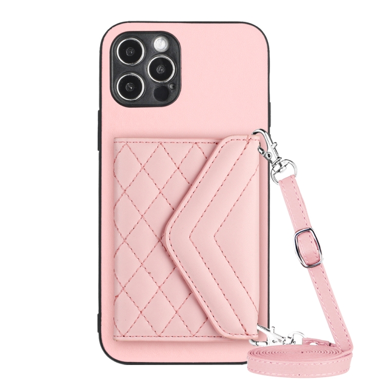 

For iPhone 12 Pro Max Rhombic Texture Card Bag RFID Phone Case with Long Lanyard(Rose Gold)