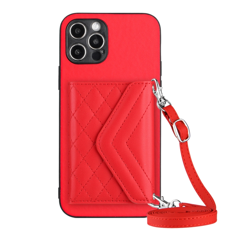 

For iPhone 12 Pro Max Rhombic Texture Card Bag RFID Phone Case with Long Lanyard(Red)