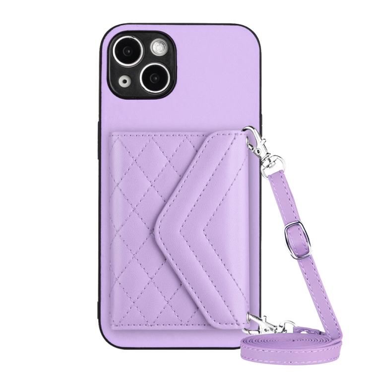 

For iPhone 13 Rhombic Texture Card Bag RFID Phone Case with Long Lanyard(Light Purple)