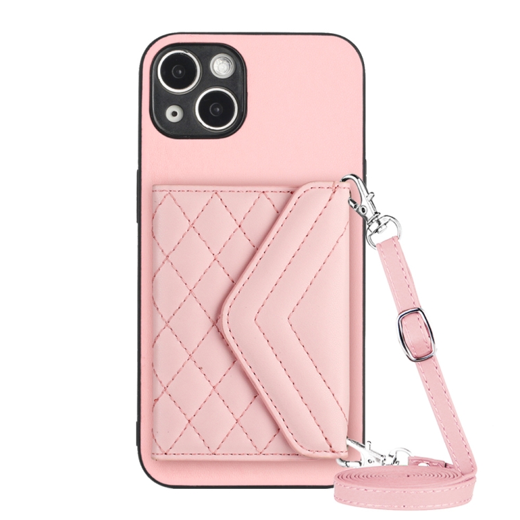 

For iPhone 13 Rhombic Texture Card Bag RFID Phone Case with Long Lanyard(Rose Gold)