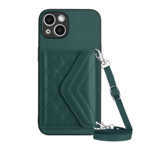 

For iPhone 13 mini Rhombic Texture Card Bag RFID Phone Case with Long Lanyard(Green)