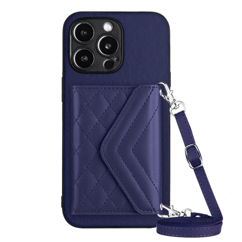 

For iPhone 13 Pro Rhombic Texture Card Bag RFID Phone Case with Long Lanyard(Blue)