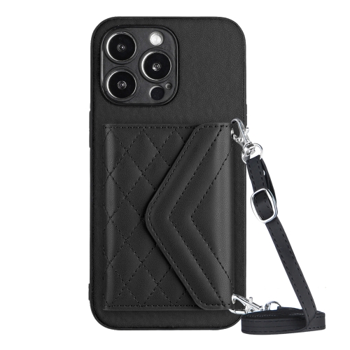 

For iPhone 13 Pro Max Rhombic Texture Card Bag RFID Phone Case with Long Lanyard(Black)