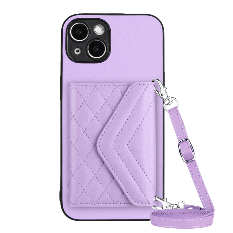 

For iPhone 14 Rhombic Texture Card Bag RFID Phone Case with Long Lanyard(Light Purple)