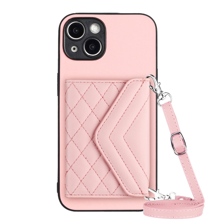 

For iPhone 14 Rhombic Texture Card Bag RFID Phone Case with Long Lanyard(Rose Gold)