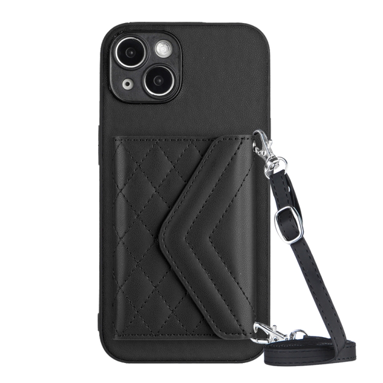 

For iPhone 14 Rhombic Texture Card Bag RFID Phone Case with Long Lanyard(Black)