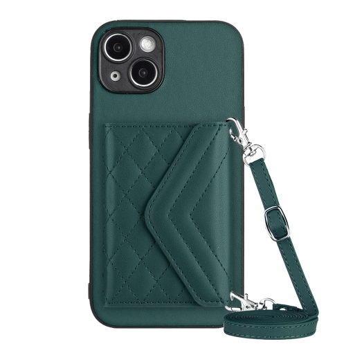 

For iPhone 14 Plus Rhombic Texture Card Bag RFID Phone Case with Long Lanyard(Green)