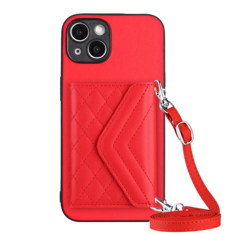 

For iPhone 14 Plus Rhombic Texture Card Bag RFID Phone Case with Long Lanyard(Red)