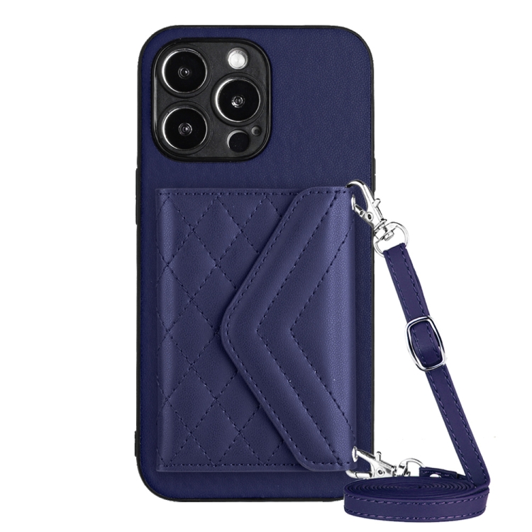 

For iPhone 14 Pro Rhombic Texture Card Bag RFID Phone Case with Long Lanyard(Dark Purple)