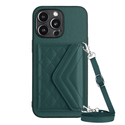 

For iPhone 14 Pro Max Rhombic Texture Card Bag RFID Phone Case with Long Lanyard(Green)