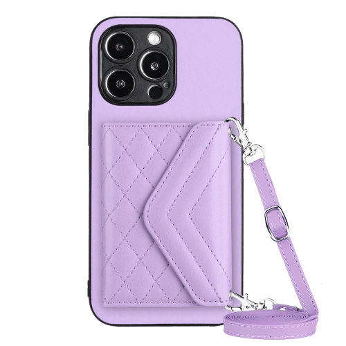 

For iPhone 14 Pro Max Rhombic Texture Card Bag RFID Phone Case with Long Lanyard(Light Purple)